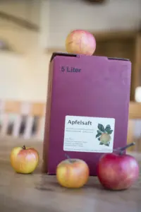 Saftbox mit Apfelsaft neben Äpfeln